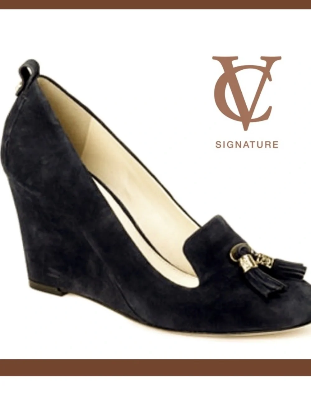Vince Camuto Black Suede Tassel Wedge Pumps
